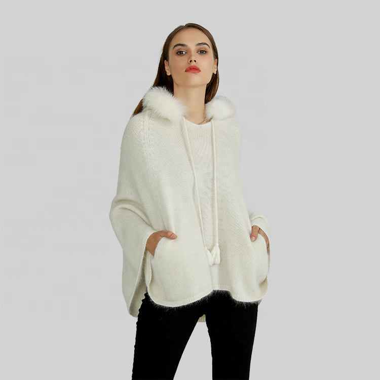 KD Knitwear Manufacturer Custom Wholesale Custom Fall/Winter Fashion White Shawl Pullover Hoodie with Fur Knit Hooded Sweater