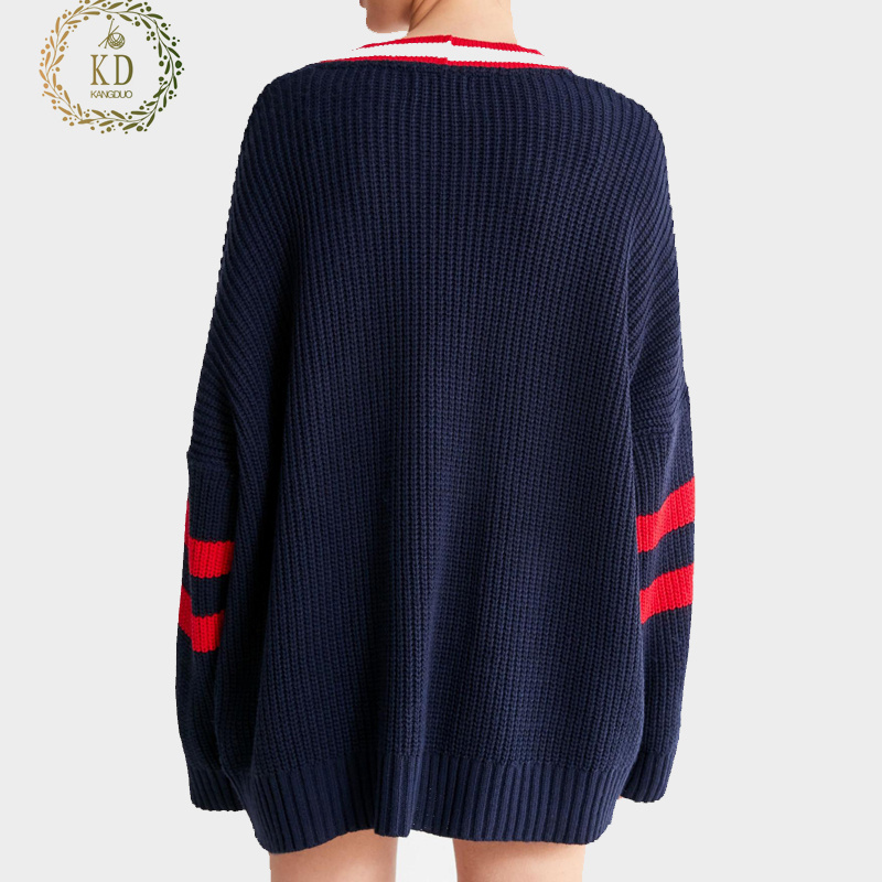 KD Knitwear Manufacturer Custom V Neck Cardigan Sweater Women Knit Letter Pocket Long Letterman Varsity Cardigan