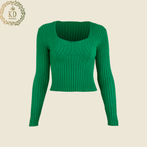 KD Knitwear Manufacturer Custom Long Sleeve Green Rib Crew Neck Knitted Pullover Women Crop Top Sweater