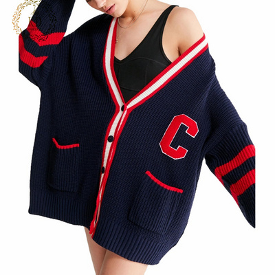 KD Knitwear Manufacturer Custom V Neck Cardigan Sweater Women Knit Letter Pocket Long Letterman Varsity Cardigan