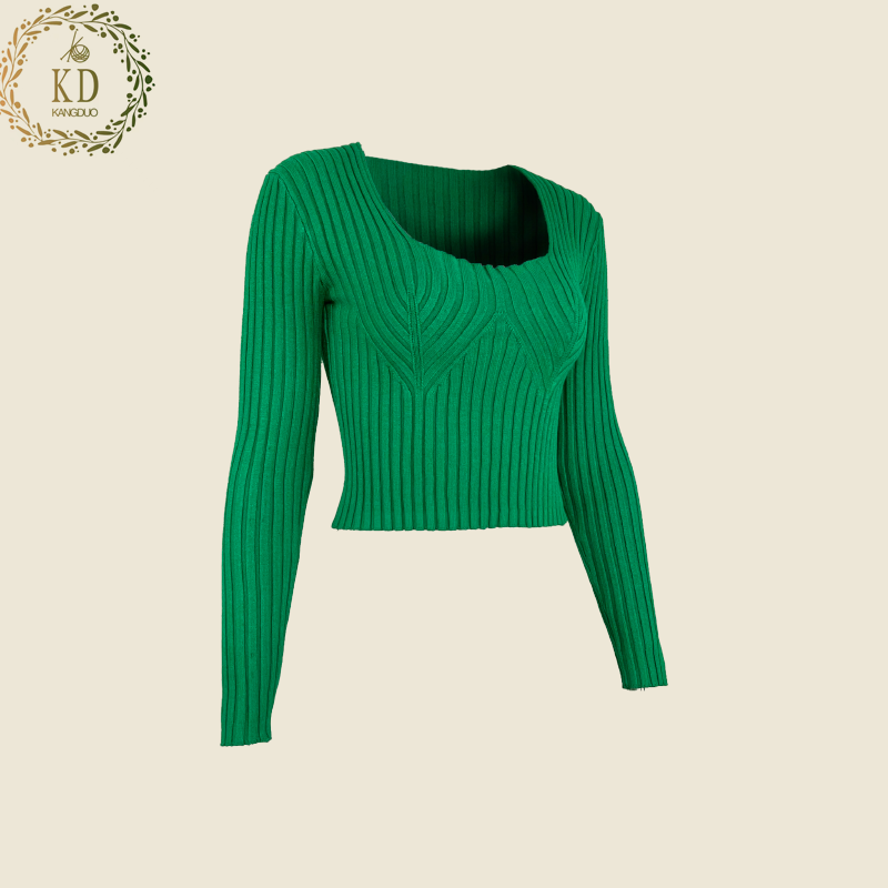 KD Knitwear Manufacturer Custom Long Sleeve Green Rib Crew Neck Knitted Pullover Women Crop Top Sweater