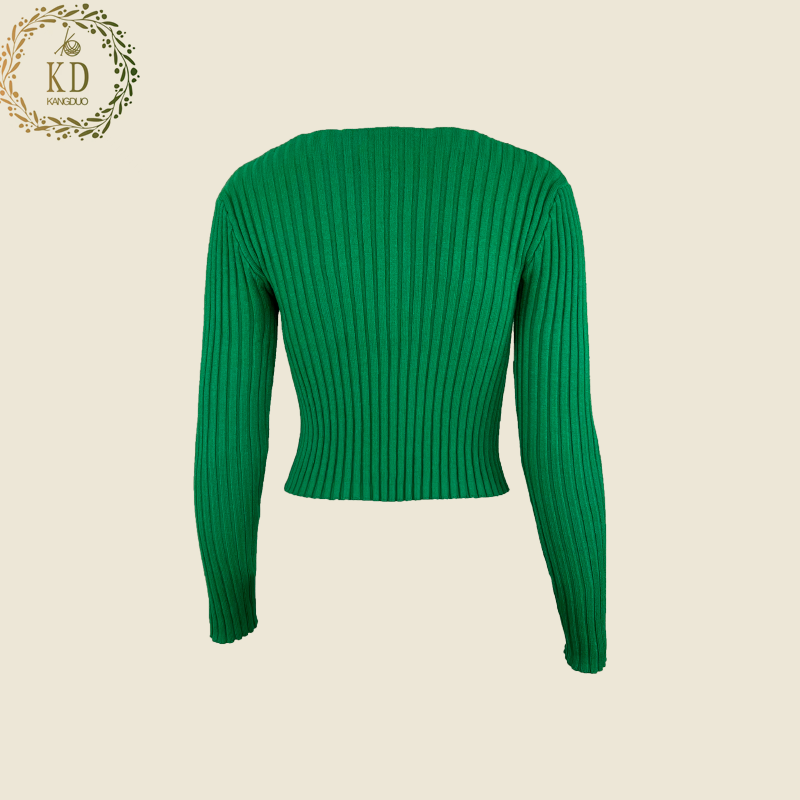 KD Knitwear Manufacturer Custom Long Sleeve Green Rib Crew Neck Knitted Pullover Women Crop Top Sweater