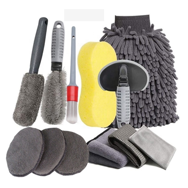 12pcs/Set Car Wash Brush Set Tire Brush Double Strand Wheel Brush Microfiber Large Wash Gloves Smear Pad Car Beauty Cleaning Kit