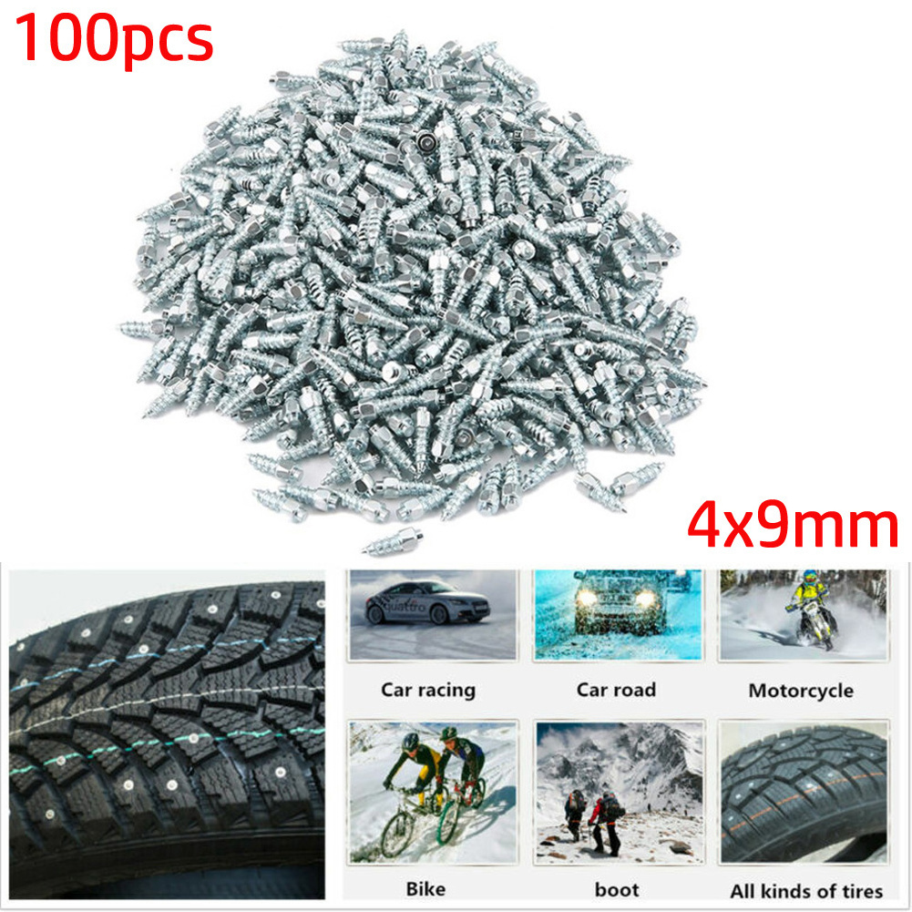 100pcs 9mm Screw In Tire Stud Snow Non-slip Spikes Racing Track Tire Ice Studs For Bike/Car/Truck/ATV Motorcycle