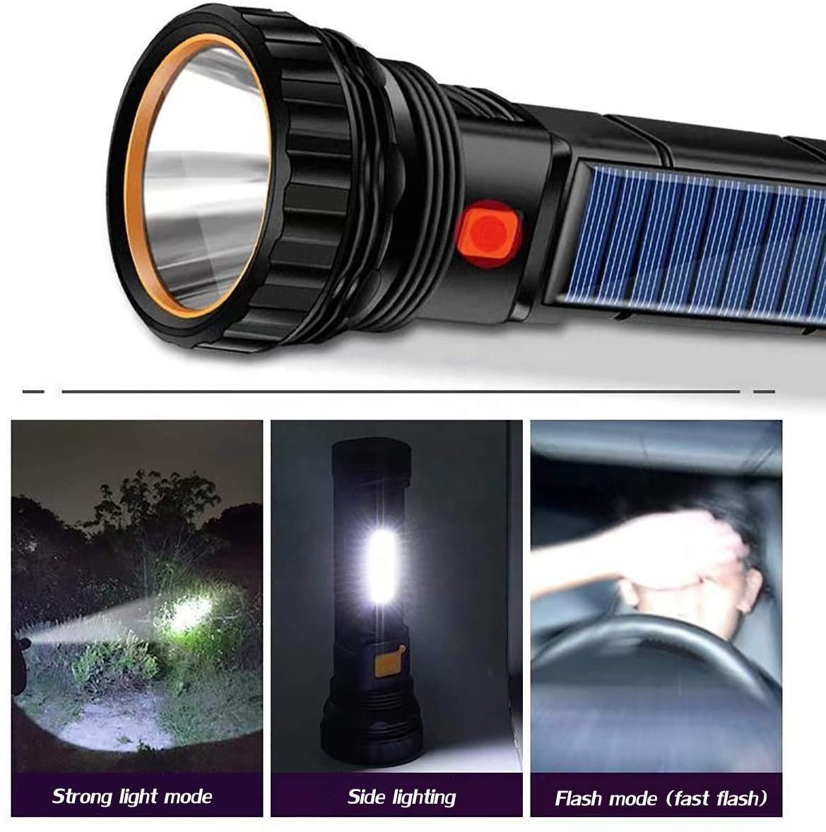 Solar/Rechargeable Multi Function 1000 Lumens LED Flashlight With Emergency Strobe Light and 1200 Mah Battery