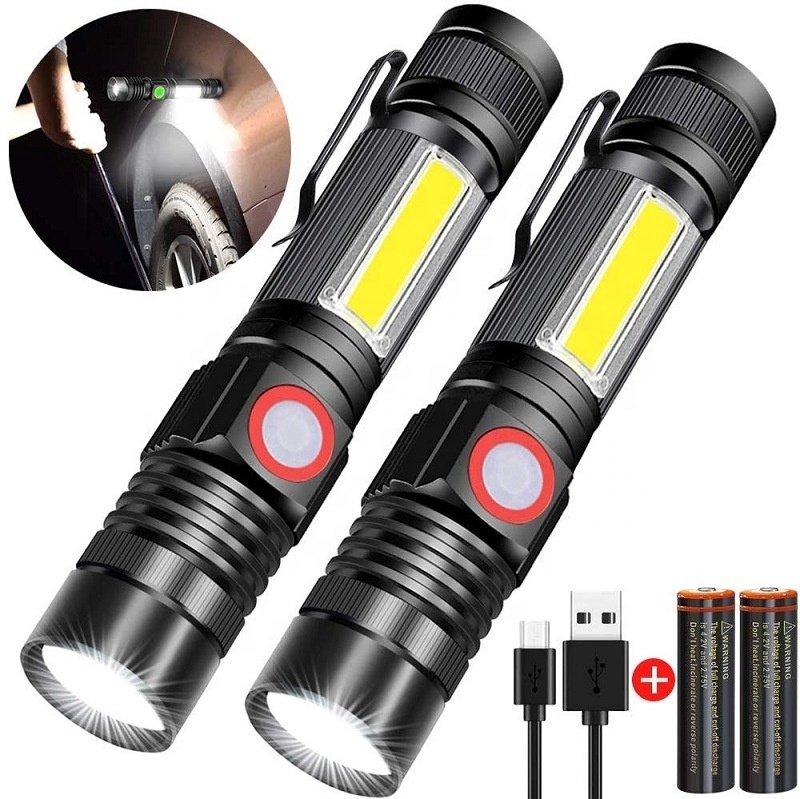 LED Flashlight Magnetic Super Bright Rechargeable LED Torch with COB Sidelight a Pocket Clip Zoomable Emergency Lamp