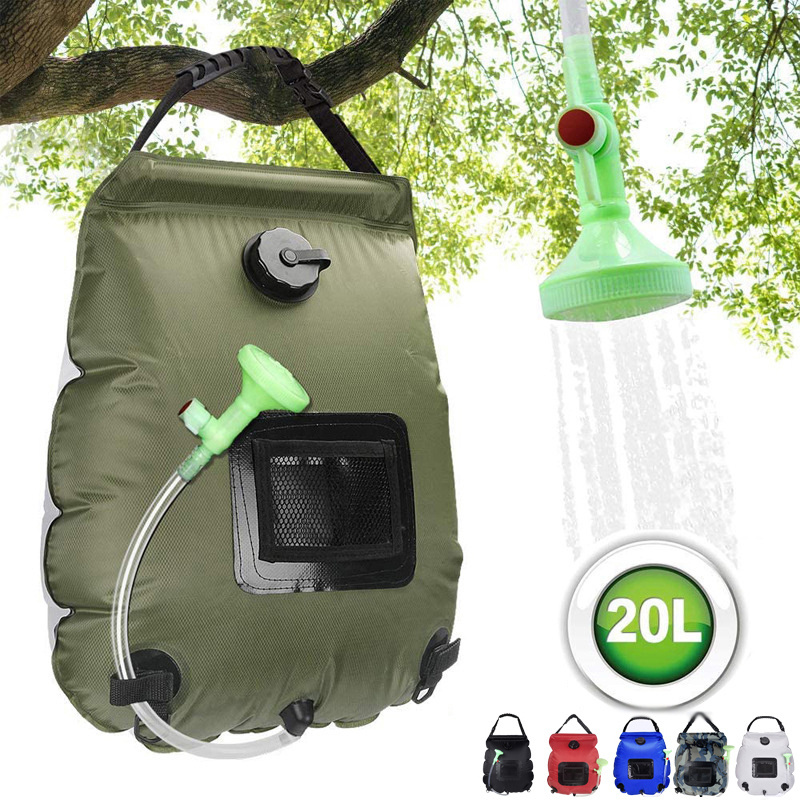 20L Water Bags Outdoor Camping Hiking Solar Shower Bag Heating Camping Shower Climbing Hydration Bag Hose Switchable Shower Head