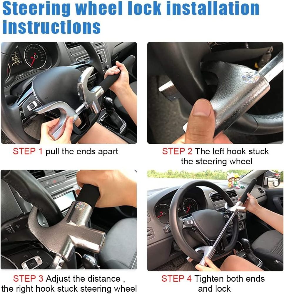 Car Steering Wheel Lock Heavy Duty Anti-Theft Steering Wheel Lock Retractable Steering Lock with Double Hook Emergency Hammer