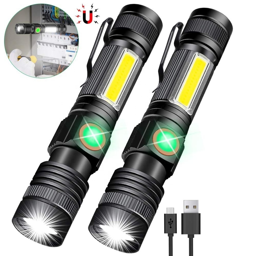 LED Flashlight Magnetic Super Bright Rechargeable LED Torch with COB Sidelight a Pocket Clip Zoomable Emergency Lamp