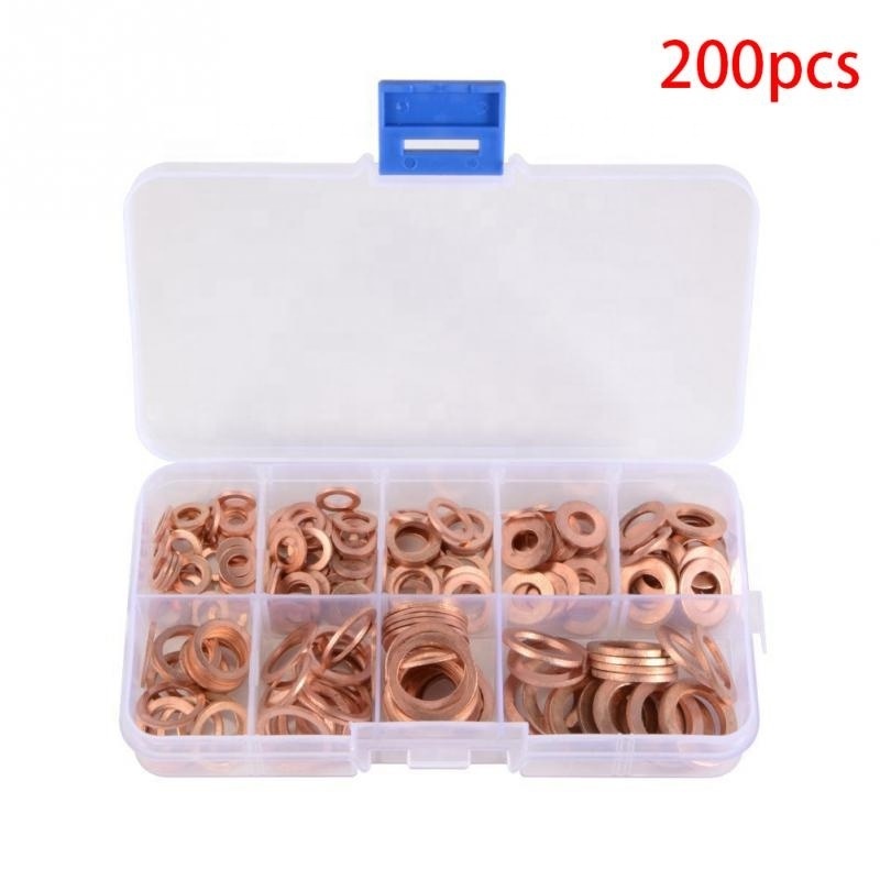 200Pcs Copper Washer Gasket Nut and Bolt Set Flat Ring Seal Assortment Kit with Box //M8/M10/M12/M14 for Sump Plugs