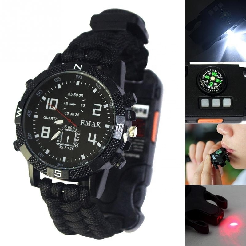 Survival EDC Women Camping Safety watch Multi-function Tools Flashlight Whistle Rope Outdoor Watch for Men