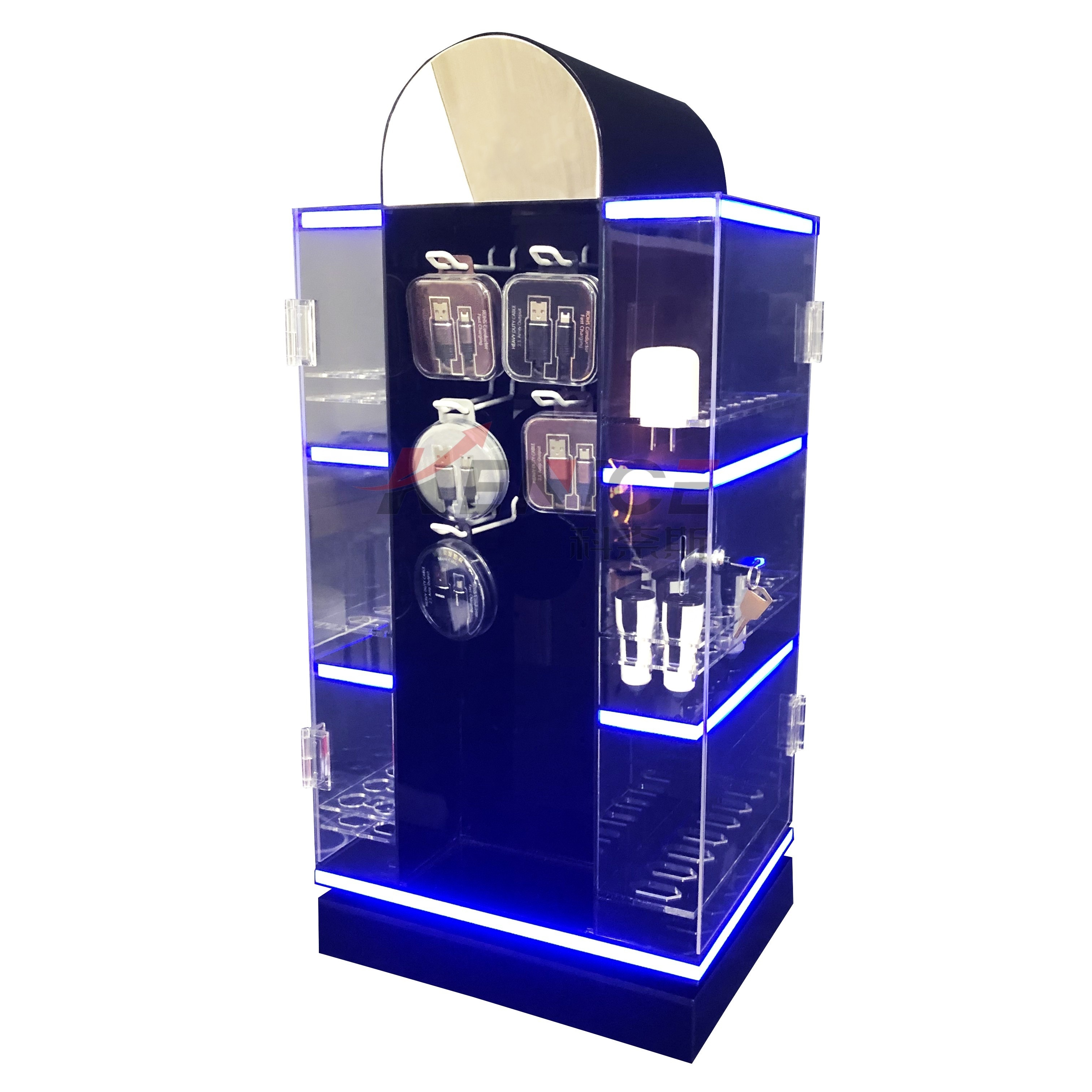 360 Rotated Lit Cell Phone Accessories Display Case / Mobile Phone Accessories Cabinet / Retail Counter Display Stands