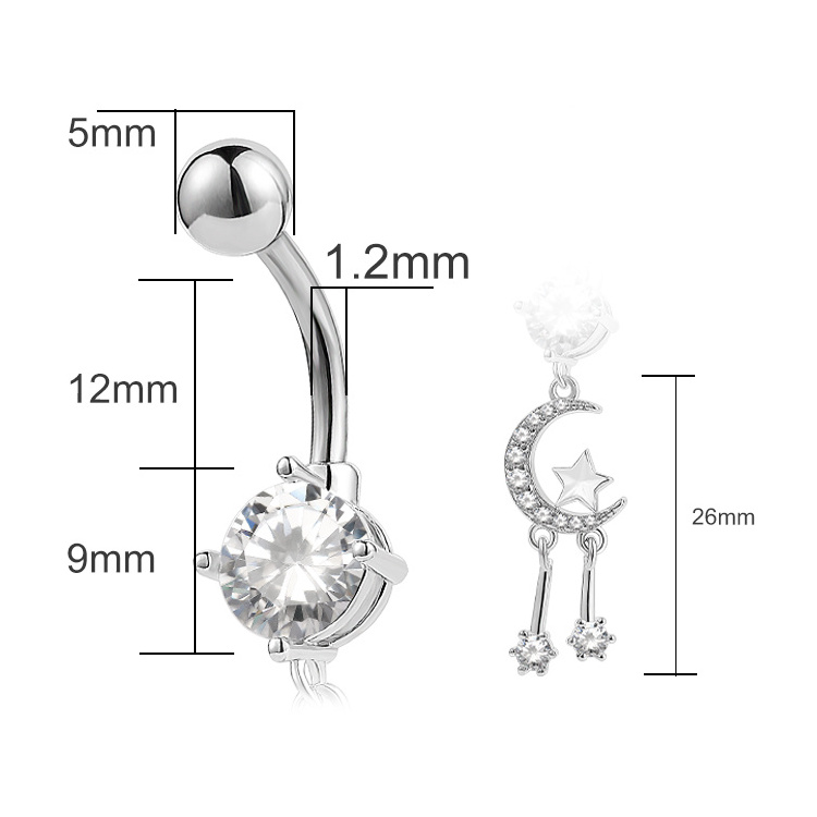 Surgical Steel Crystal Navel Piercing Moon Star Dangle Belly Rings Jewelry