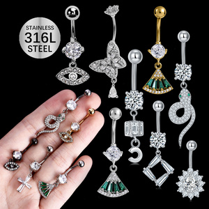 Trendy Zircon Snake Butterfly Navel Stud Pendant Jewelry 316L Stainless Steel Belly Rings