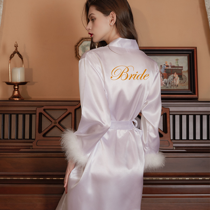 New arrivals Bride dressing ladies sexy nightgown wedding bridesmaid satin sleepwear kimono feather bride robe