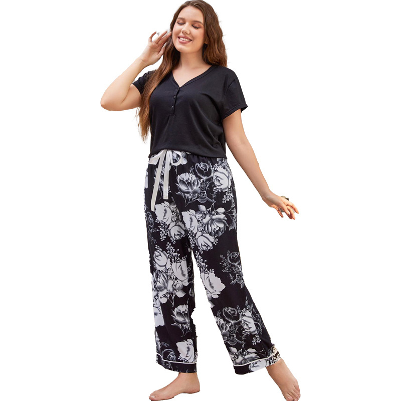 Wholesale women plus size pajamas T shirt print polyester pants sleep wear loungewear set for women