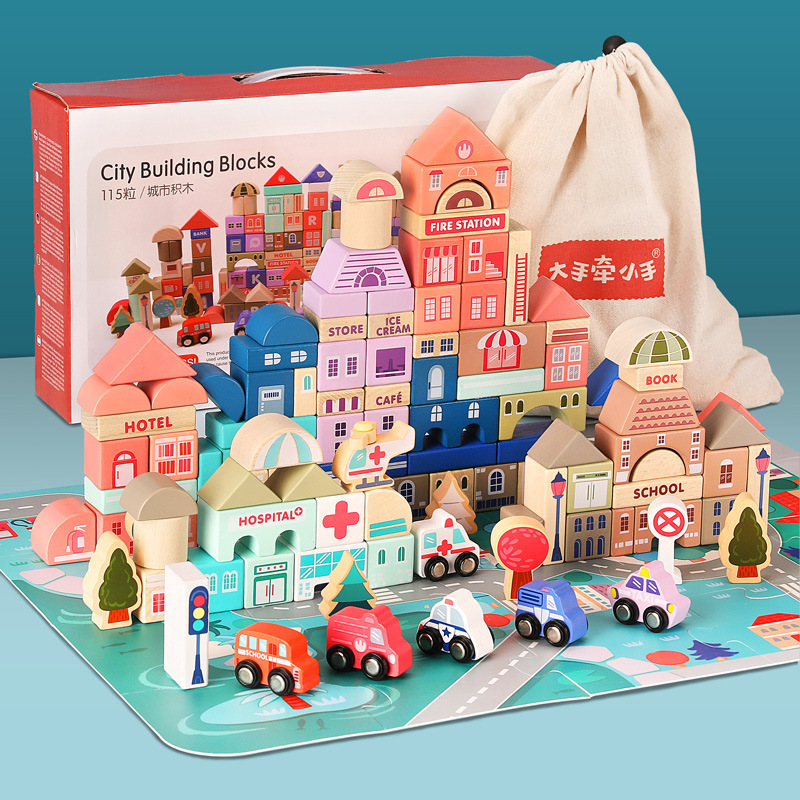 CE EN71 Wooden Hospital City Building Blocks Stacking Block Sets Colored Toys