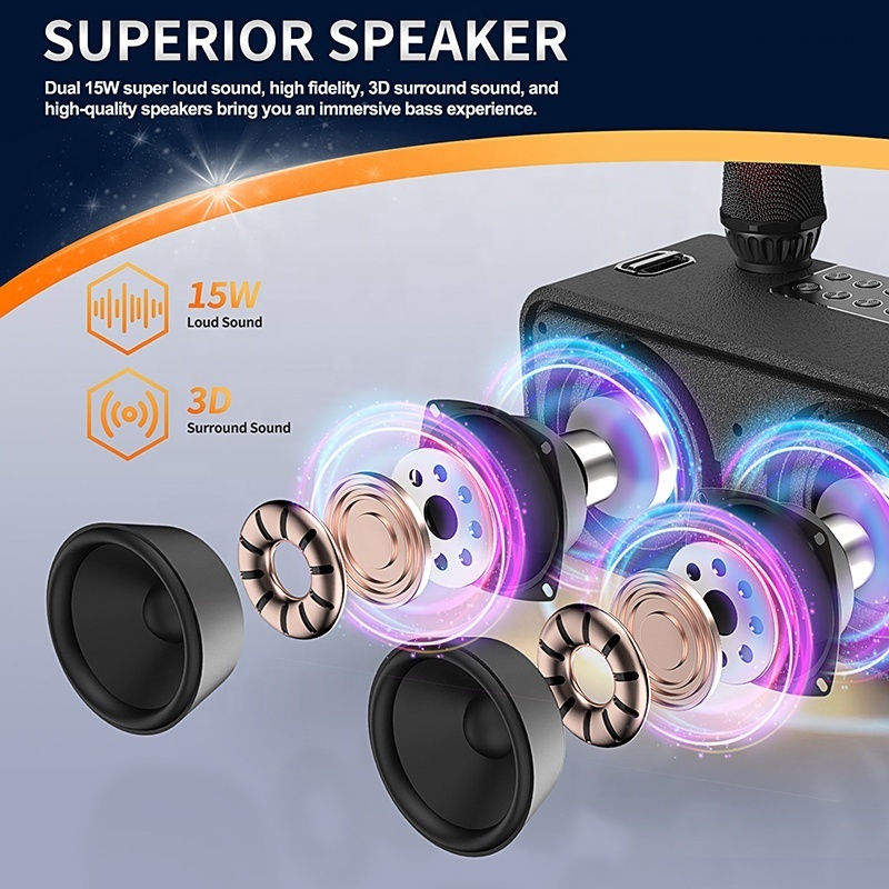 FANSBE Portable TWS Function DJ Surround Stereo Wireless Loud Machine 2 Microphone Karaoke Set Speaker For Outdoor Party