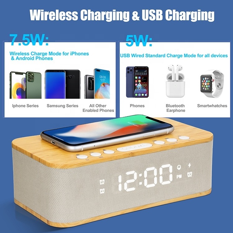 FANSBE 3 In 1 Wireless Charge 10W Bluetooth Speaker LED Digital Display Charge Speakers Alarm Clock