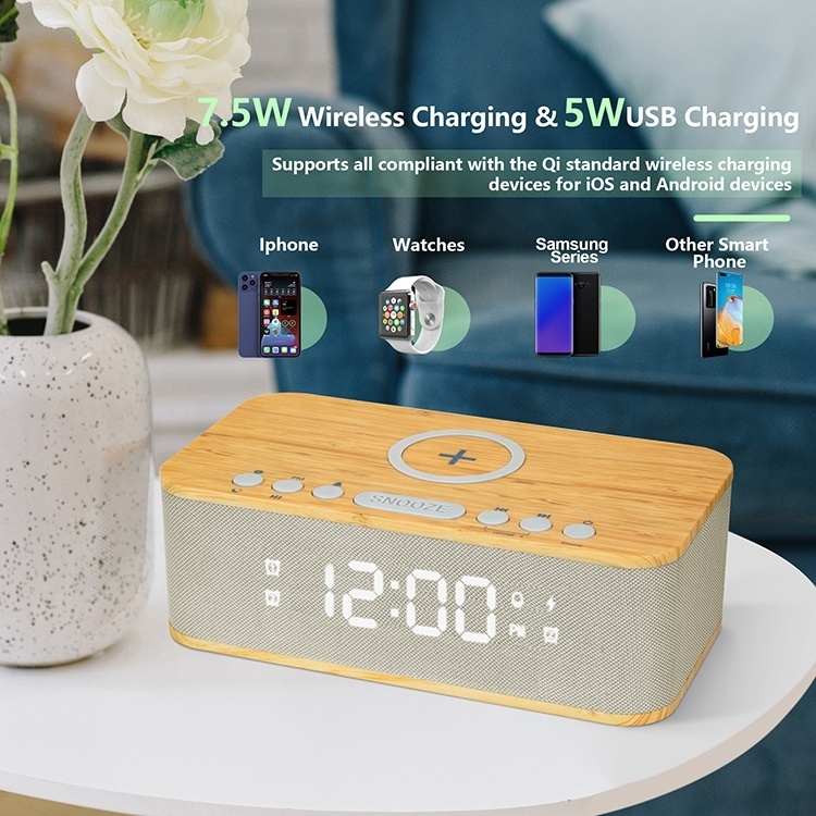 FANSBE Wholesale LED Digital 10W Bluetooth Speaker Mobile Phone Wireless Charger Alarm Clock Speaker