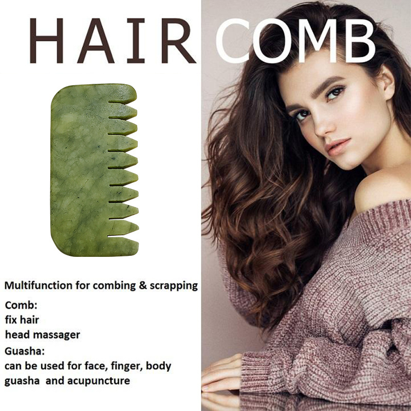 hot selling hair comb head natural guasha face neck lifting massage tool head scalp therapy green gua sha jade hair comb