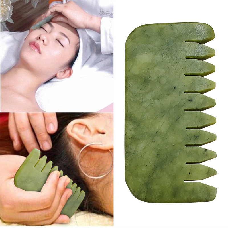 hot selling hair comb head natural guasha face neck lifting massage tool head scalp therapy green gua sha jade hair comb