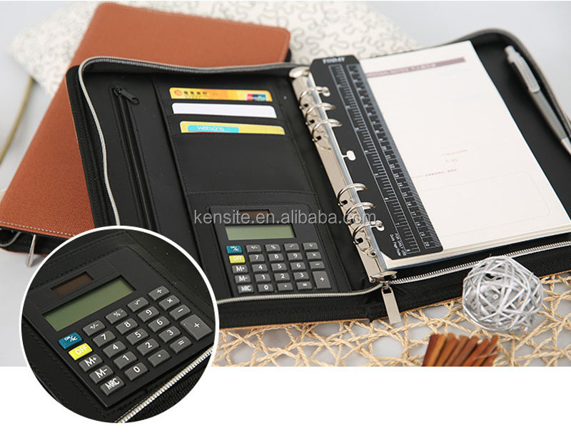 A5 Zipped PU Leather Conference Folder Portfolio with Calculator Brown Green Pink