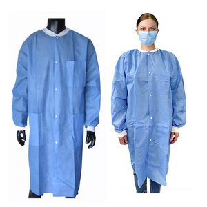 Customized Size Nonwoven Disposable Blue Lab Coat Apron with Pockets Knitted Collar Cuff  for Food Industry