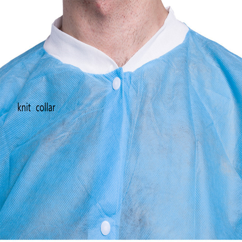 Customized Size Nonwoven Disposable Blue Lab Coat Apron with Pockets Knitted Collar Cuff  for Food Industry