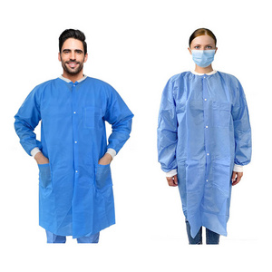 Food Grade Unisex Nonwoven  PP SMS Disposable Blue Lab Coats Knee Length Lab Gown