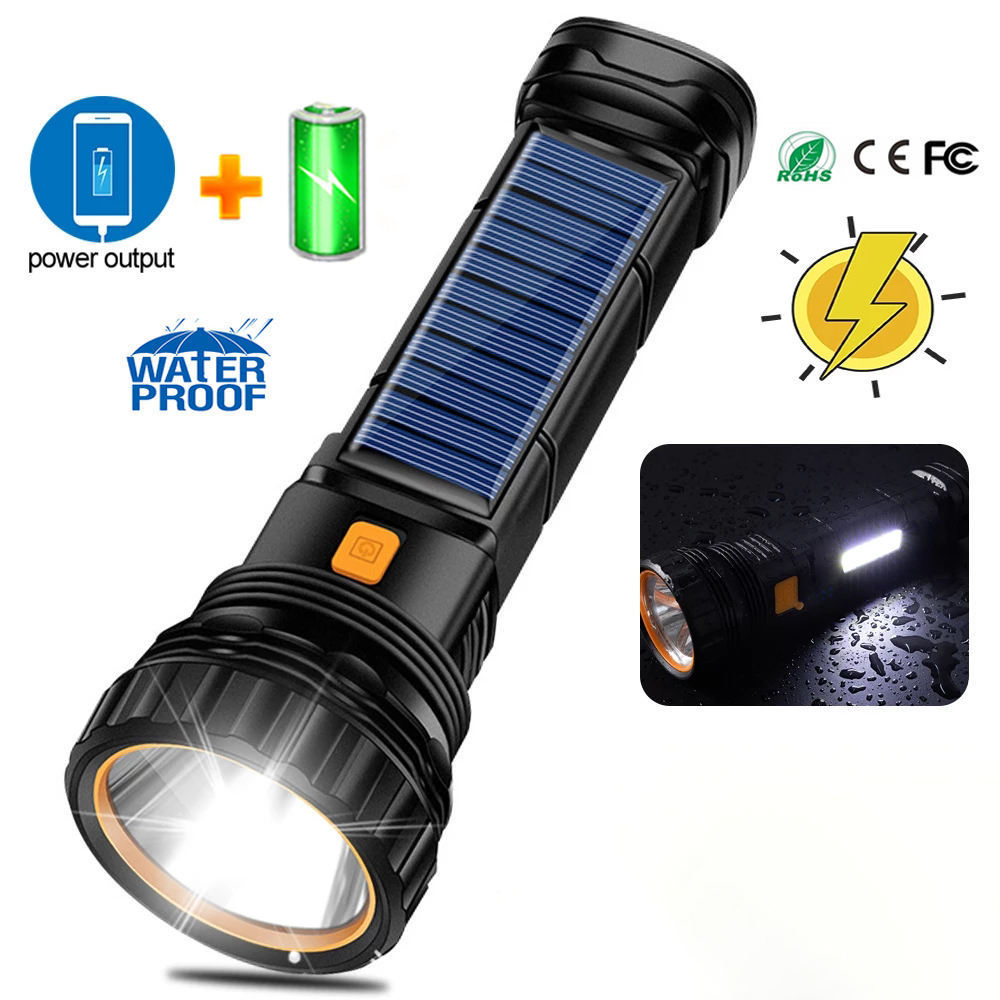 2022 Discharging COB Solar Power Bank Torch Light 3 Modes Waterproof L2 LED 5000 Lumens Power USB Rechargeable Solar Flashlight