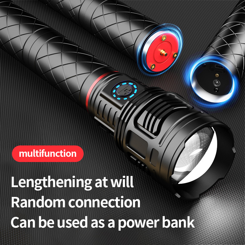 Helius New Length Adjustable Strong Light Long Distance Rechargeable Electricity Display Super Bright Aluminum Flashlight