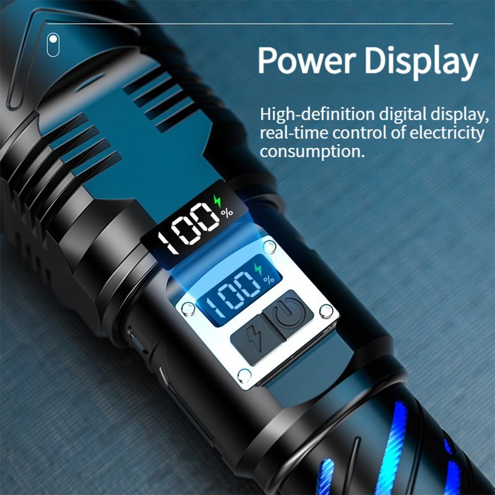 Helius New Super Bright Outdoor Long Range Home Use TYPE-C Rechargeable Aluminum Alloy Zoom Digital Display LED Flashlight