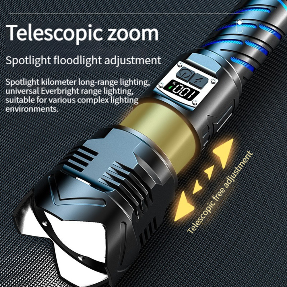 Helius New Super Bright Outdoor Long Range Home Use TYPE-C Rechargeable Aluminum Alloy Zoom Digital Display LED Flashlight