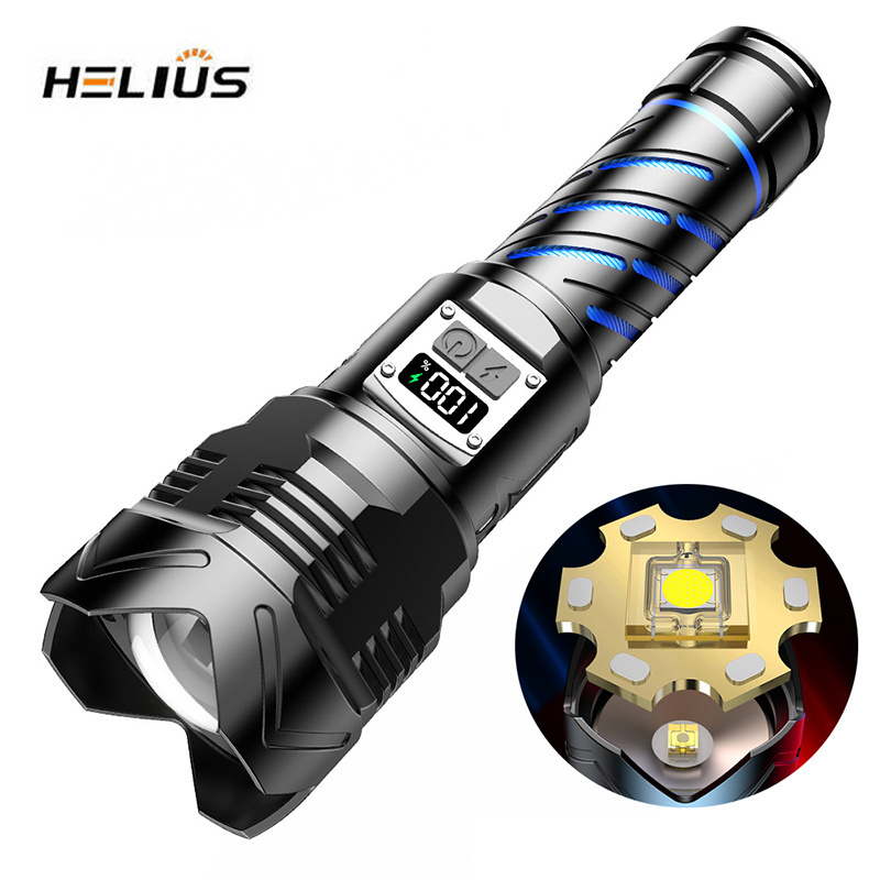 Helius New Super Bright Outdoor Long Range Home Use TYPE-C Rechargeable Aluminum Alloy Zoom Digital Display LED Flashlight