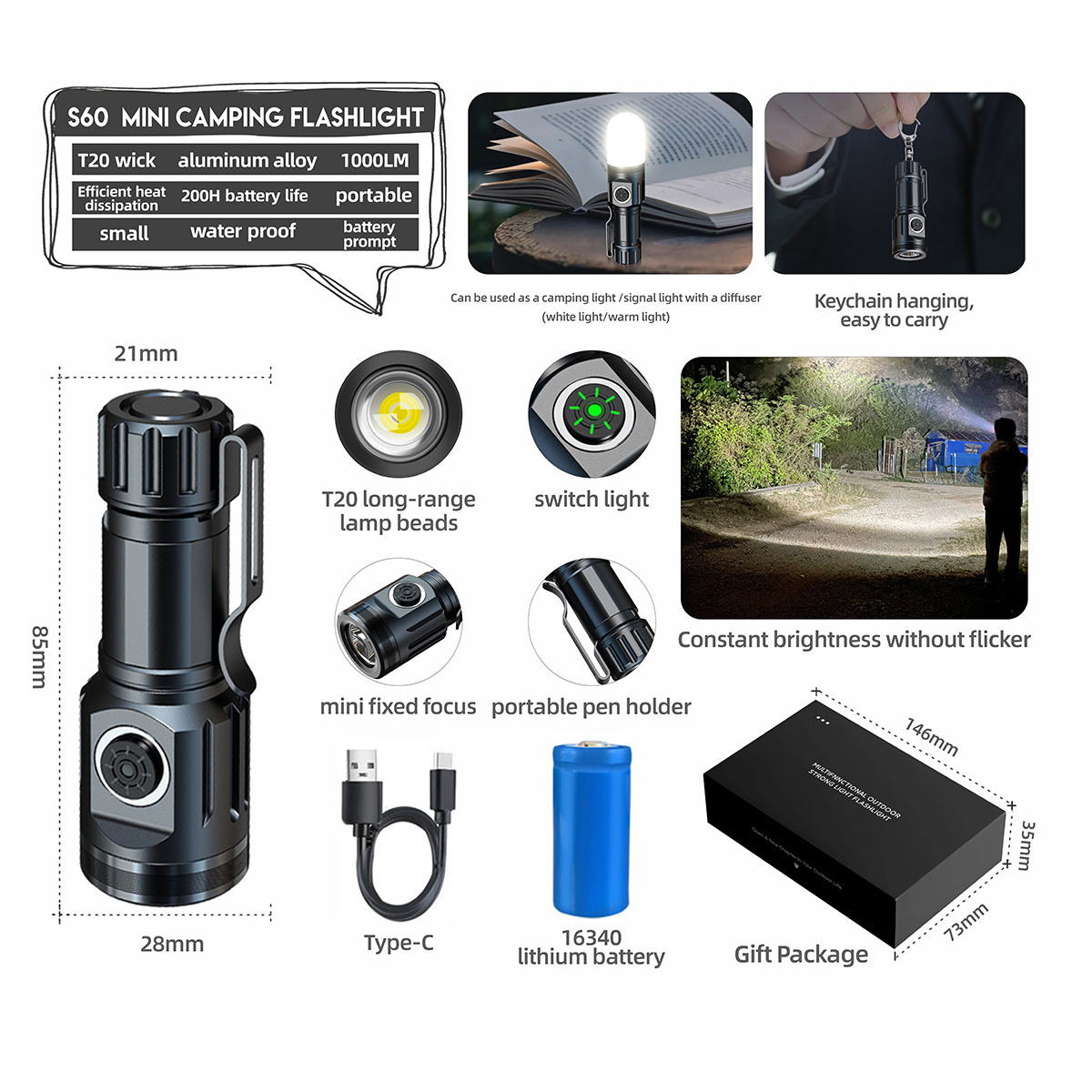 Helius New Edc Mini Strong Light Type-c Rechargeable Outdoor Mini Fixed Focus Camping Light Flashlight