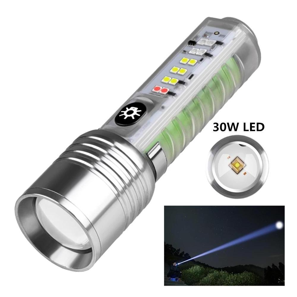 Long Range 30W LED White Zoom Transparent  Fluorescent Flashlight With Clip Magnet Light Tactical  Bright Outdoor Torch Lantern