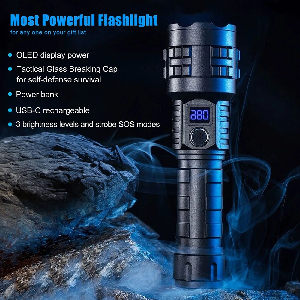 Super Bright  Tactical Buit-in Battery USB Rechargeable 5 Modes Torch with Safety Hammer for Outdoor Adventure LED Flashlight