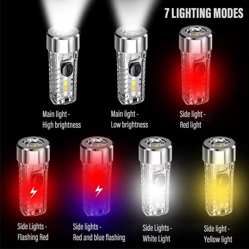 Mini Multicolor Side Lights 7 Camping Lighting Mode Key Chain Rechargeable Emergency Light Flashlight