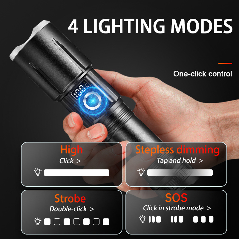 2024 Helius Upgrade Model Outdoor Super Bright Bright Long Shot Digital Display Telescopic Zoom Led Rechargeable Flashlight