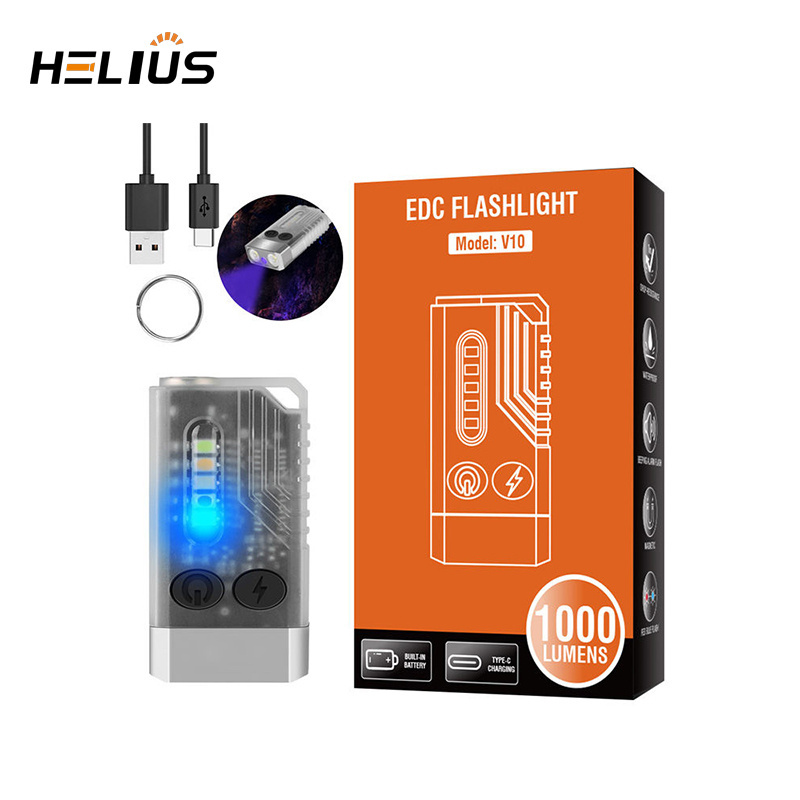 Helius Wholesale High Quality Mini Keychains USB C Rechargeable Edc UV Lamp High Power 1000 lumens 12 Mode Mini Flashlight