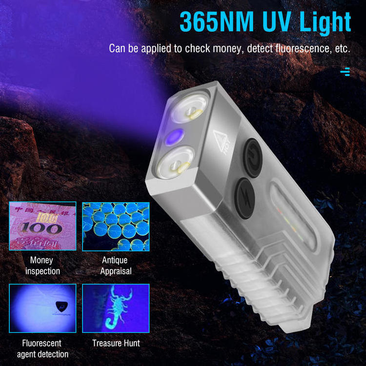 Helius Wholesale High Quality Mini Keychains USB C Rechargeable Edc UV Lamp High Power 1000 lumens 12 Mode Mini Flashlight