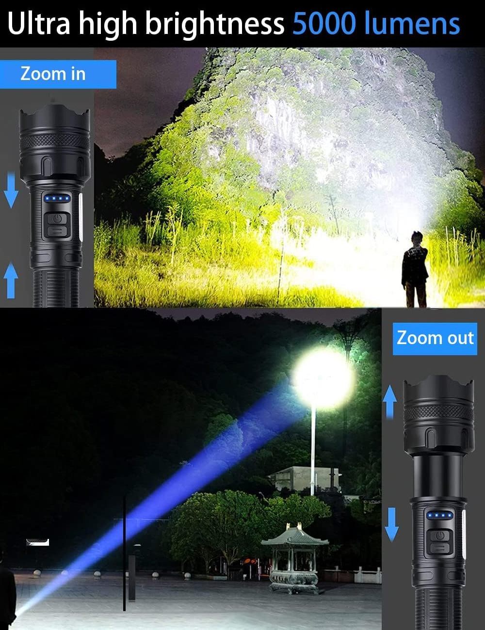 Helius New 100000 High Lumens Super Bright Xhp160 9-Mode Cob Zoomable Type-C Fast Charging Flashlight