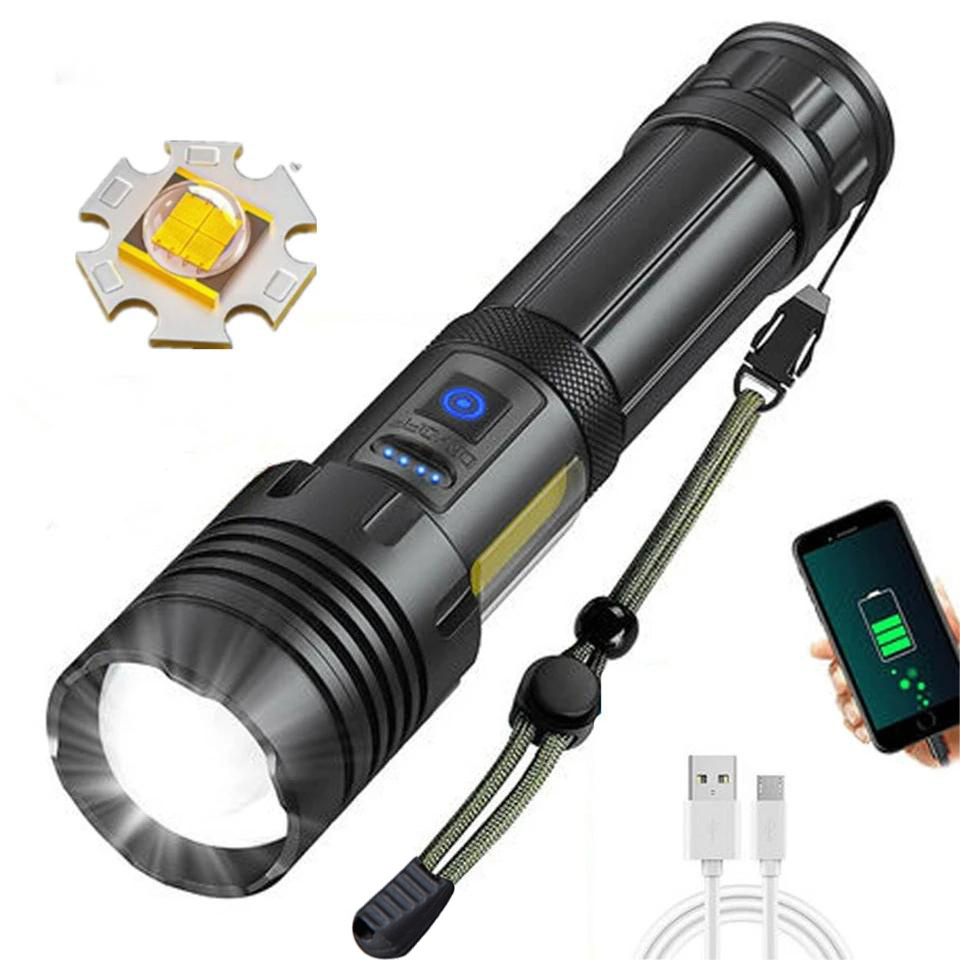 Helius Powerful XHP70 XHP90 LED bright flashlight zoom handheld light, rechargeable 3000LM high lumen LED tactical flashlight