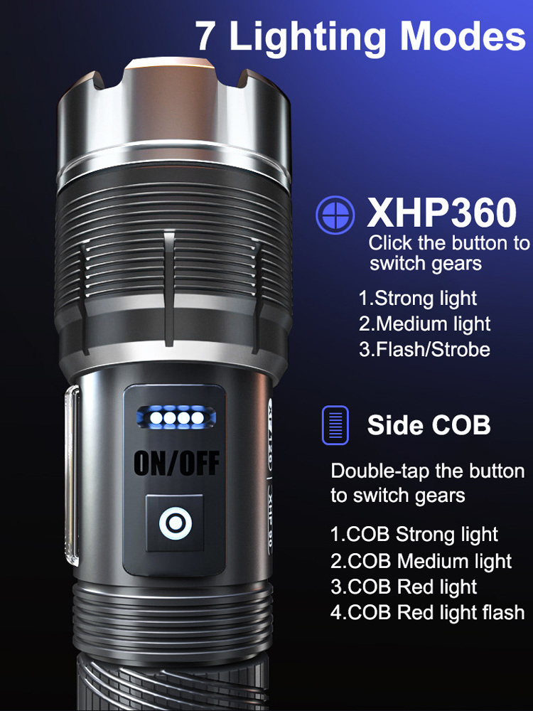 XHP360 High Power LED Flashlights With zoom 5000000LM Super Bright Outdoor Long Shot Tactical Flashlights Emergency Power Bank