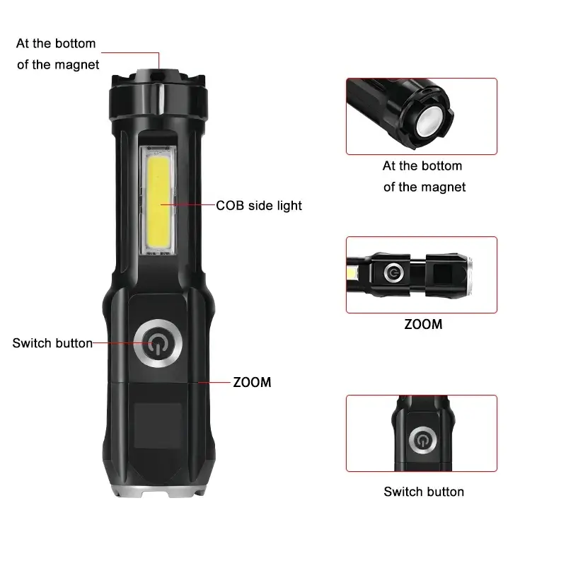 Helius LED Focusing Dual Light Source Portable Strong Light Rechargeable COB Flood Side Light Small Flashlight