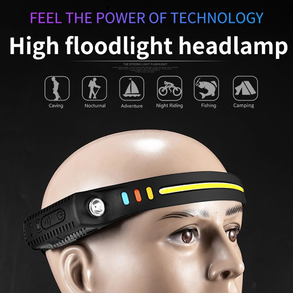 Helius COB Sensor 6 Modes Fishing Head Torch Built in Battery Camping Flashlight With Charging Cable Rechargeable Headlamp