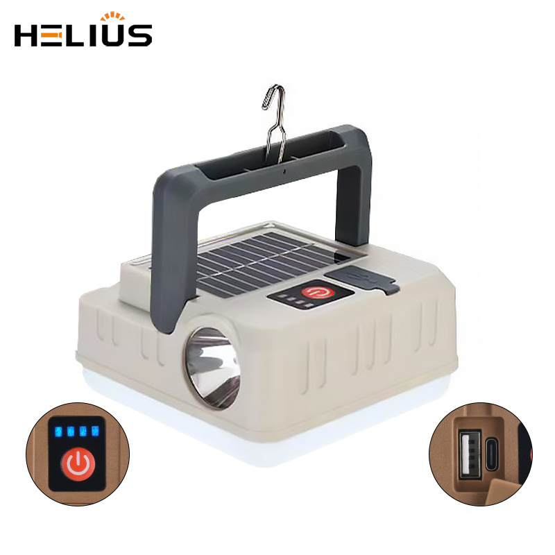 Helius New Outdoor Solar USB Rechargeable Camping Hanging Light Tent Power Outage Emergency Lighting LED Flashlight