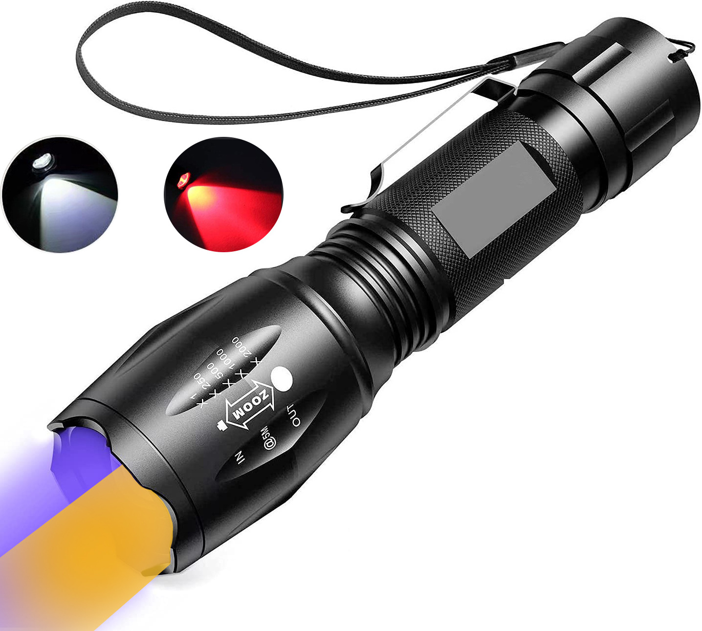 Free Sample Multi Color Light Source T6 Led Flashlight Zoomable Waterproof 395Nm Black Light Taschenlampe Led Uv Flashlight