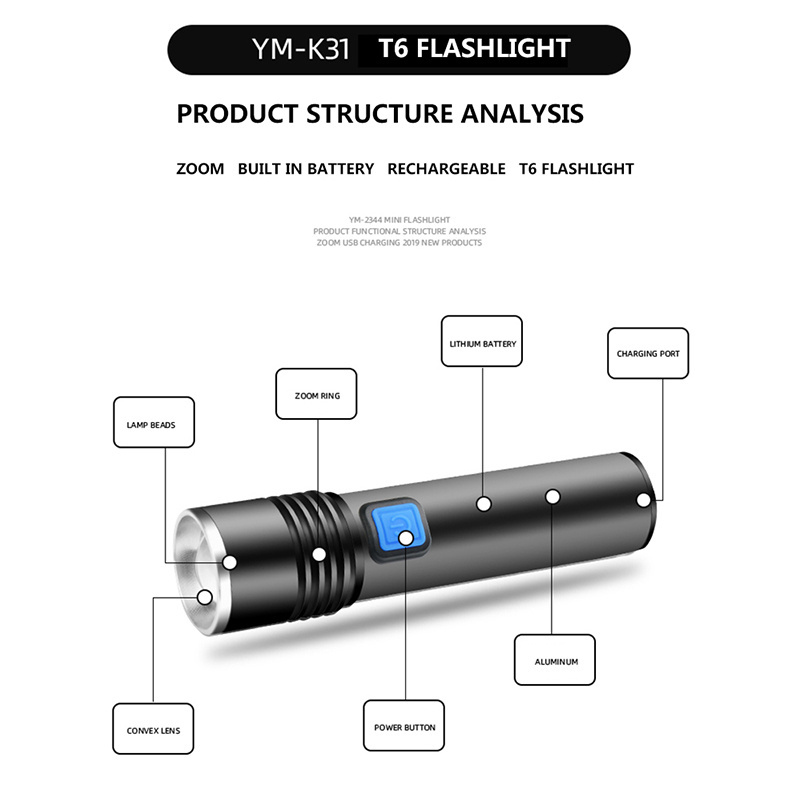 Zoomable T6 Power Bank Torch 3 Modes Switch Zoom Lens Built in Rechargeable Battery Camping Light  LED Flashlight